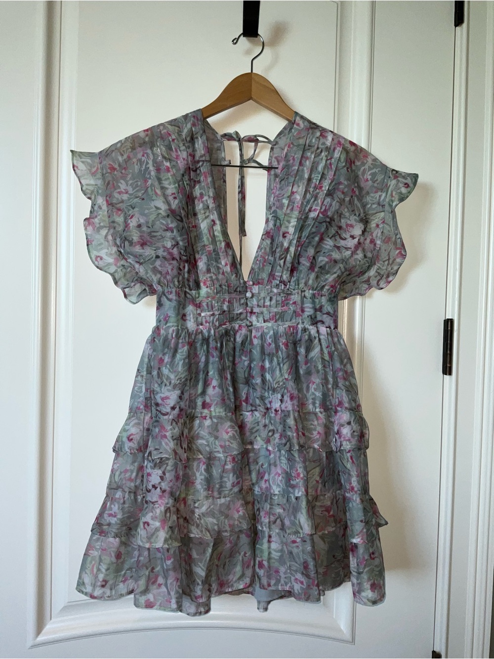 Storia Sage Floral Mini Dress with Pink Accents
